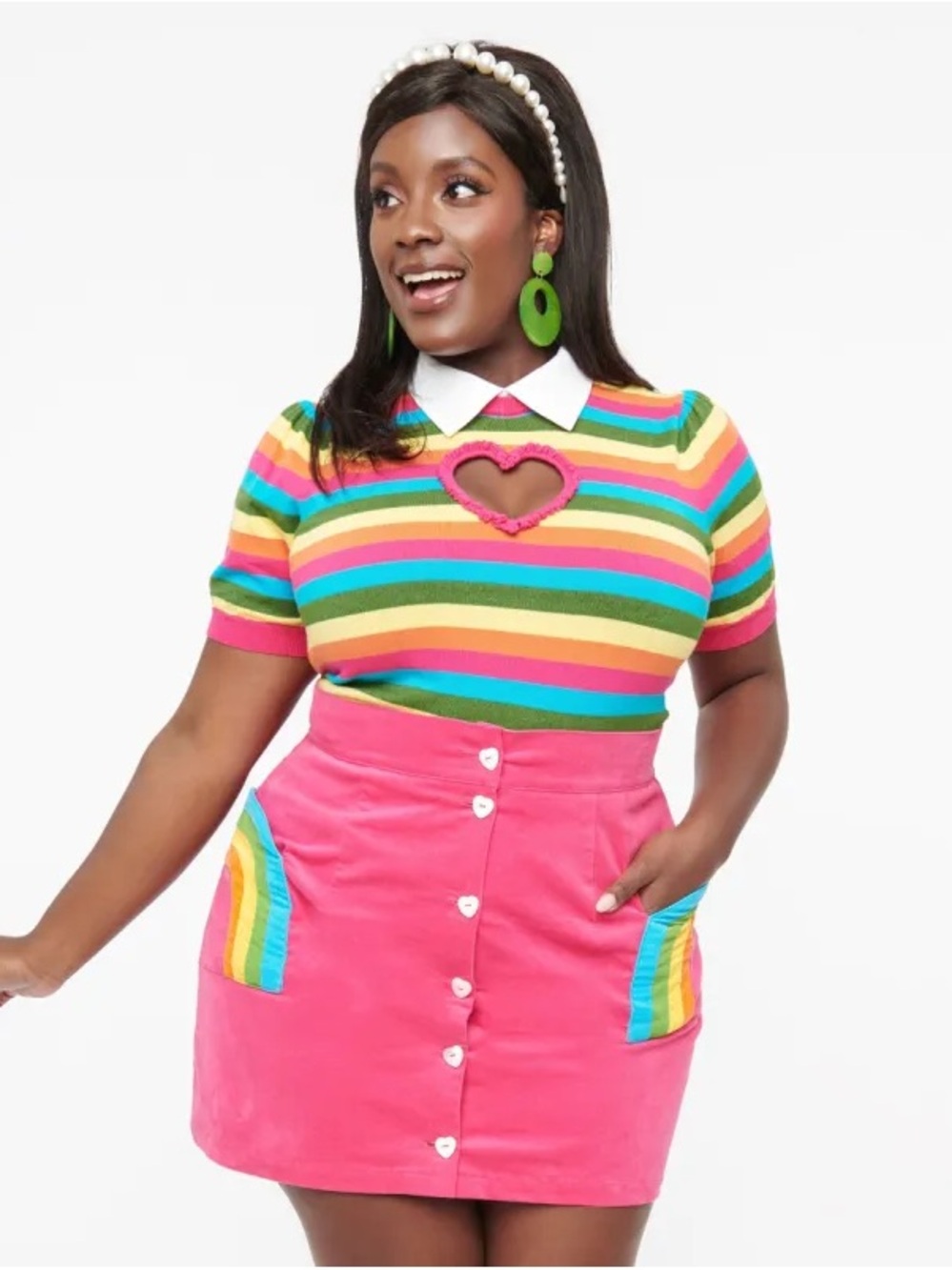 Unique Vintage Rainbow Stripe Heart-Cutout Knit Top in Bright Pink & Multi